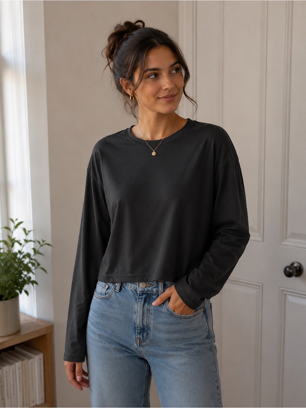 Adika Black Cropped Long-Sleeve Tee